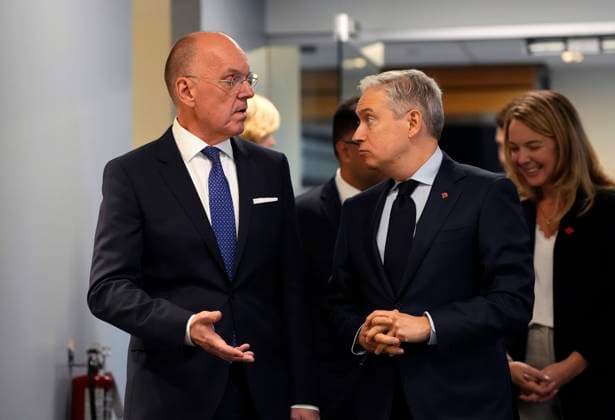 November 19, 2025, Ottawa, On, CAN: Minister of Finance and National Revenue Francois-Philippe Champagne and Jan Carlson, chair of Ericsson s board of directors, left, await the arrival of Sweden s King Carl XVI Gustaf and Queen Silvia, not shown, at the Ericsson Research & Development facility in Ottawa, on Wednesday, Nov. 19, 2025. Ottawa CAN  - ZUMAc35_ 20251119_zaf_c35_044 Copyright: xJustinxTangx