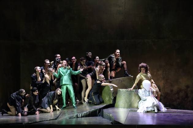 Matthias Wohlbrecht as Herod , Karolina Gumos as Herodias and Nicole Chevalier as Salome , f l , as well as dancers during the photo rehearsal for Salome at the Komische Oper im Schillertheater in Berlin, November 19, 2025 Music drama in one act by Richard Strauss Musical di