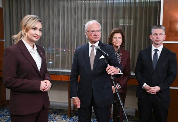 November 20, 2025, Montreal, Pq, Canada: Sweden s Deputy Prime Minister Ebba Busch, from left, Sweden s King Carl XVI Gustaf and Queen Silvia and Defence Minister Pal Jonson speak during a press conference at Montreal Trudeau International Airport in Montreal, Thursday, Nov. 20, 2025, as they wrap up their visit to Canada. Montreal Canada  - ZUMAc35_ 20251120_zaf_c35_117 Copyright: xGrahamxHughesx