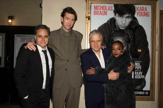 November 20, 2025, New York, New York, USA: RAJIV JOSEPH, NICHOLAS BRAUN, NEIL PEPE and KARA YOUNG Attend Opening Night of Ã¢â‚¬oeGruesome Playground InjuriesÃ¢â‚¬Â at Lucille Lortel Theatre in New York. 20 November 2025 New York USA - ZUMAa265 20251120_zep_a265_028 Copyright: xEricxAcquayex
