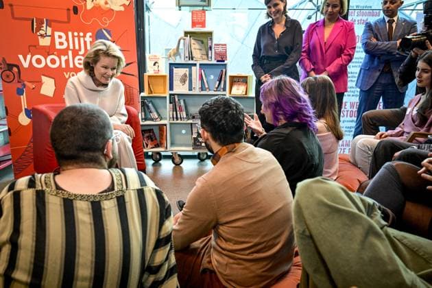 Queen Mathilde of Belgium pictured during a royal visit to the Kubus youth library in Antwerp, as part of Read Aloud Week (November 22-30), on Friday 21 November 2025. The Kubus offers young people aged 15 to 26 a space for reading, meeting, exchanging ideas and creating.  DIRKxWAEM 143186930