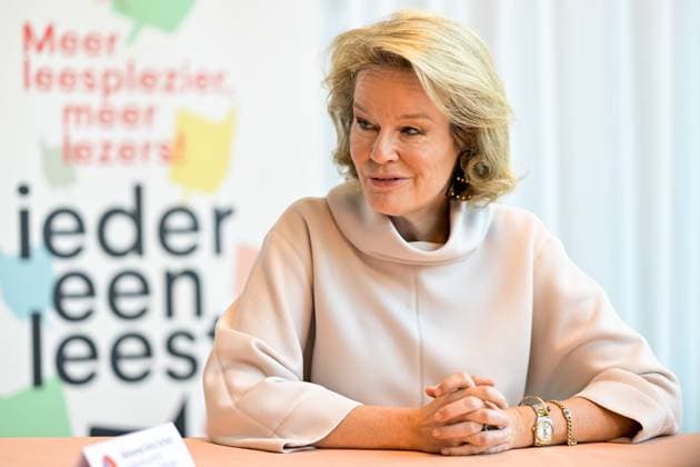 Queen Mathilde of Belgium pictured during a royal visit to the Kubus youth library in Antwerp, as part of Read Aloud Week (November 22-30), on Friday 21 November 2025. The Kubus offers young people aged 15 to 26 a space for reading, meeting, exchanging ideas and creating.  DIRKxWAEM 143188501