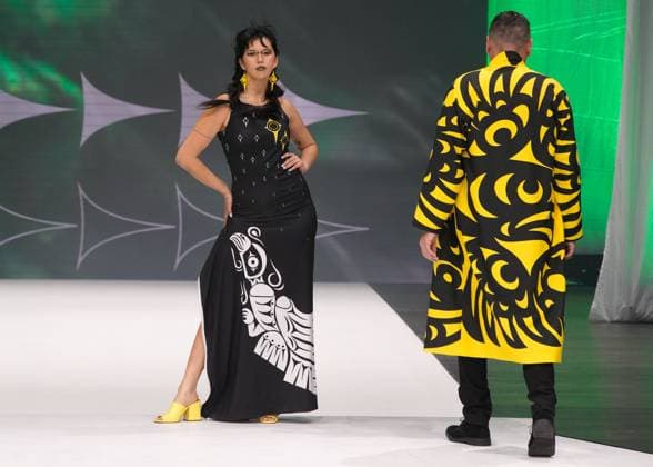 (251123) -- VANCOUVER, Nov. 23, 2025 -- Models present creations by Ay Lelum Sparrow during the closing night of Vancouver Indigenous Fashion Week 2025 in Vancouver, British Columbia, Canada, Nov. 22, 2025. The show highlighted the spirit of Canada s West Coast, marking the conclusion of the week-long celebration of indigenous culture and creativity. (Photo by Liang Sen Xinhua) CANADA-VANCOUVER-INDIGENOUS FASHION WEEK-CLOSING NIGHT LinxWei 