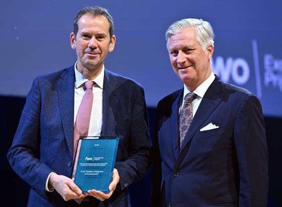 Professor Stefaan Walgrave of UAntwerpen and King Philippe - Filip of Belgium pictured during the award ceremony of the five-year Scientific Excellence Awards awarded by the Fund for Scientific Research (FWO - FRS - FNRS), at Bozar in Brussels on Monday 24 November 2025.  ERICxLALMAND 143884826