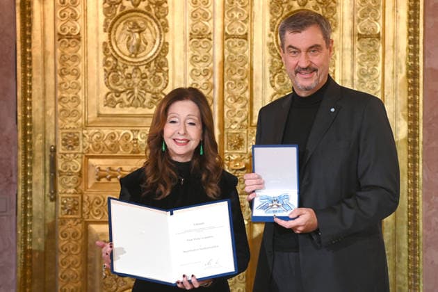 Vicky LEANDROS Saengerin receives the Bavarian Order of Merit from Markus SOEDER State Premier of Bavaria and CSU Chairman Bavarian Order of Merit Award Ceremony at Prinz Carl Palais in Munich on 24 11 2025