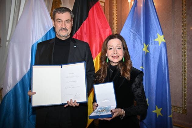 Vicky LEANDROS Saengerin receives the Bavarian Order of Merit from Markus SOEDER State Premier of Bavaria and CSU Chairman Bavarian Order of Merit Award Ceremony at Prinz Carl Palais in Munich on 24 11 2025
