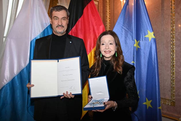Vicky LEANDROS Saengerin receives the Bavarian Order of Merit from Markus SOEDER State Premier of Bavaria and CSU Chairman Bavarian Order of Merit Award Ceremony at Prinz Carl Palais in Munich on 24 11 2025