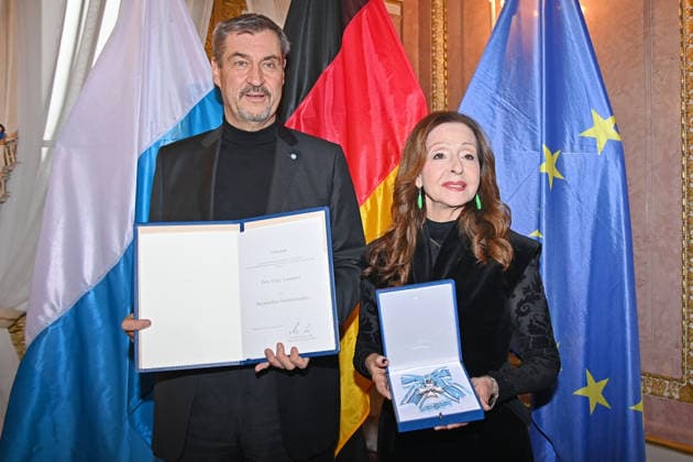 Vicky LEANDROS Saengerin receives the Bavarian Order of Merit from Markus SOEDER State Premier of Bavaria and CSU Chairman Bavarian Order of Merit Award Ceremony at Prinz Carl Palais in Munich on 24 11 2025