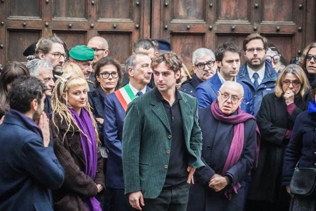 Milan, Funeral of Ornella Vanoni in the church of San Marco in the Brera district. In the photo: her grandchildren Matteo and Camilla with her son Cristiano Ardenzi.  Copyright: xEmanuelexRobertoxDexCarlix xipa-agency.netx xPoolxEmanuelexDexCarlixexFrancesx IPA_Agency_IPA68336954