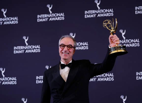Brazilian media executive Joao Roberto Marinho arrives in the press room with the Directorate Award at the 53rd International Emmy Awards at New York Hilton Midtown in New York City on Monday, November 24, 2025.  NYP20251124263 JohnxAngelillo