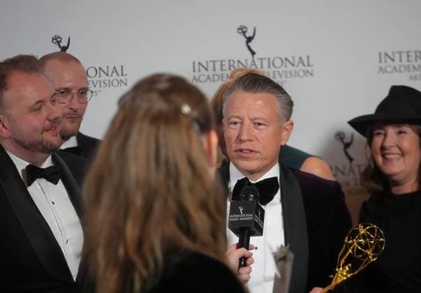 53rd International Emmy Awards NEW YORK, US - NOV 24: Swedish producer Niclas Nordenstrom (R2) poses with the Non-Scripted Entertainment award for Shaolin Heroes is seen in the press room during the 53rd International Emmy Awards Gala at the New York Hilton Midtown on Monday night, November 24, 2025, in New York City. Selcuk Acar Anadolu New York United States. Editorial use only. Please get in touch for any other usage.  Copyright: x2025xAnadoluxSelcukxAcarx