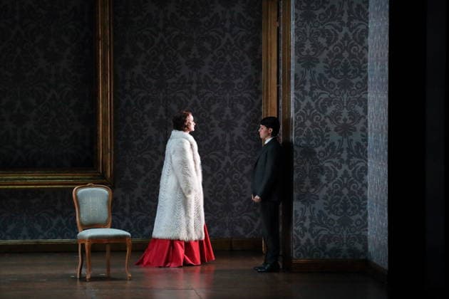 Vida Mikneviciute as Princess Fedora Romazov and Arianna Manganello as Dimitri , f l , during the photo rehearsal for Fedora at the Deutsche Oper in Berlin, November 25, 2025 Melodramma in three acts by Umberto Giordano Musical direction John Fiore Staging Christof Loy Stage and costumes Herbert Murauer Premiere is on November 27, 2025 Deutsche Oper Ber