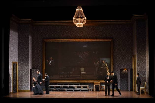 Vida Mikneviciute left, as Princess Fedora Romazov , Jonathan Tetelman 2 v r , as Count Loris Ipanov and ensemble during the photo rehearsal for Fedora at the Deutsche Oper in Berlin, November 25, 2025 Melodrama in three acts by Umberto Giordano Musical direction John Fiore Staging Christof Loy Stage and costumes Herbert Mura
