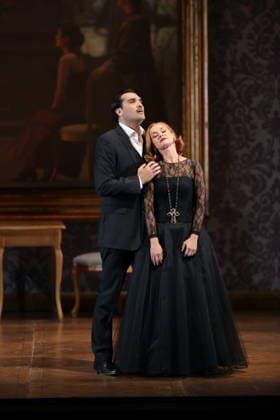 Jonathan Tetelman as Count Loris Ipanov and Vida Mikneviciute as Princess Fedora Romazov during the photo rehearsal for Fedora at the Deutsche Oper in Berlin, November 25, 2025 Melodramma in three acts by Umberto Giordano Musical direction John Fiore Staging Christof Loy Stage and costumes Herbert Murauer Premiere is on November 27, 2025 Deutsche Oper