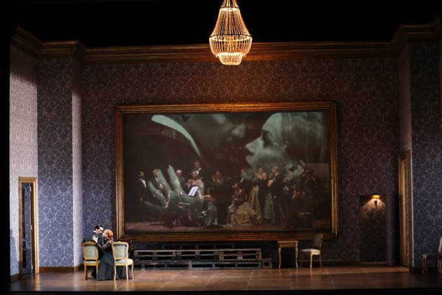 Jonathan Tetelman as Count Loris Ipanov and Vida Mikneviciute as Princess Fedora Romazov during the photo rehearsal for Fedora at the Deutsche Oper in Berlin, November 25, 2025 Melodramma in three acts by Umberto Giordano Musical direction John Fiore Staging Christof Loy Stage and costumes Herbert Murauer Premiere is on November 27, 2025 Deutsche Oper