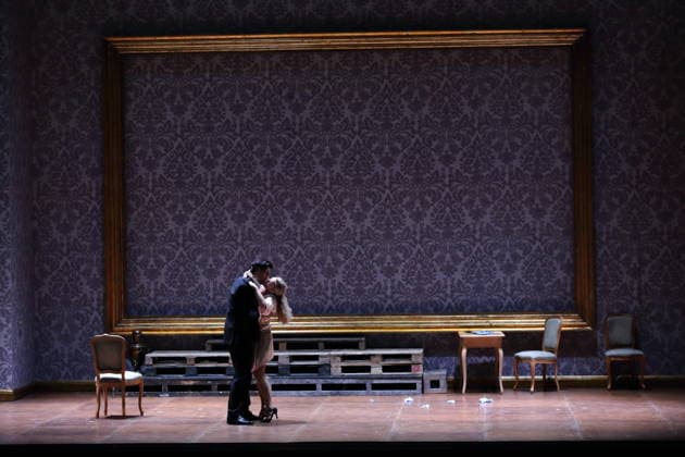 Jonathan Tetelman as Count Loris Ipanov and Vida Mikneviciute as Princess Fedora Romazov during the photo rehearsal for Fedora at the Deutsche Oper in Berlin, November 25, 2025 Melodramma in three acts by Umberto Giordano Musical direction John Fiore Staging Christof Loy Stage and costumes Herbert Murauer Premiere is on November 27, 2025 Deutsche Oper
