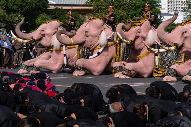 November 27, 2025, Bangkok, Thailand: Mahouts and the elephants pay respect to the Queen Mother Sirikit outside the Royal Grand Palace in Bangkok. Mahouts and the elephants from Ayutthaya Elephant Palace travel from Ayutthaya to Bangkok to pay respect for the Queen Mother Sirikit at the Royal Grand Palace in Bangkok. The Queen Mother Sirikit died at the age of 93 on 24 October 2025 at the Chulalongkorn Hospital. Bangkok Thailand - ZUMAs197 20251127_aaa_s197_010 Copyright: xPeeraponxBoonyakiatx