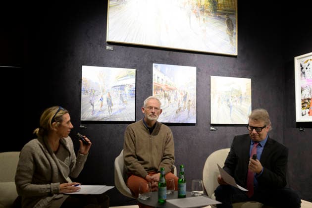 Kerdalo French artist Laurent Parcelier, born 1962 in Chamalieres at the artist talk in the gallery Cavatina Art Concept left the translator, right gallery owner Dr. Ingo Seufert , Munich on 27 11 2025