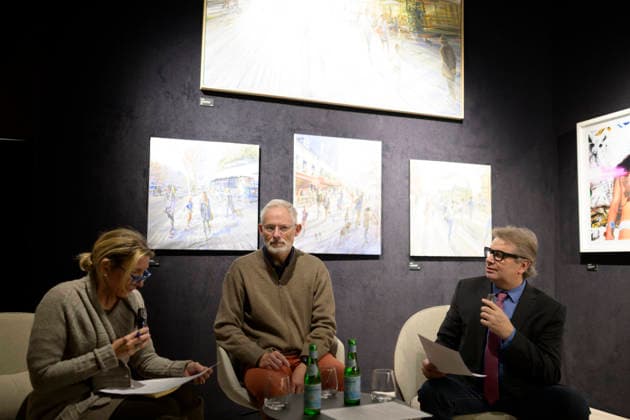 Kerdalo French artist Laurent Parcelier, born 1962 in Chamalieres at the artist talk in the gallery Cavatina Art Concept left the translator, right gallery owner Dr. Ingo Seufert , Munich on 27 11 2025