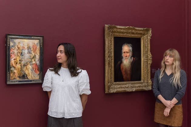 November 28, 2025, London, England, United Kingdom: Staff members look at paintings by Sir Peter Paul Rubens titled The Virgin and Child with Saint Anne adored by Saints of the House of Habsburg , estimate: 2,000,000 - 3,000,000 GBP (L) and Portrait study of an old man , estimate: 1,000,000 - 1,500,000 GBP during a photocall at Sotheby s auction house ahead of Old Master & 19th Century Paintings Sales, the second most valuable Old Masters Sale. London United Kingdom - ZUMAs371 20251128_zip_s371_019 Copyright: xWiktorxSzymanowiczx