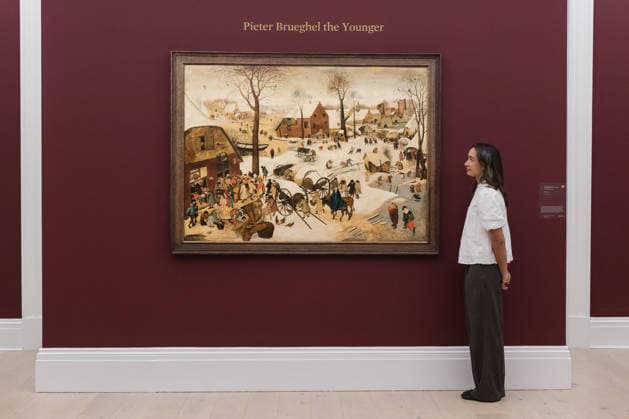 November 28, 2025, London, England, United Kingdom: A staff member looks at a painting titled The Census at Bethlehem by Pieter Brueghel the Younger, estimate: 3,000,000 - 5,000,000 GBP during a photocall at Sotheby s auction house ahead of Old Master & 19th Century Paintings Sales. London United Kingdom - ZUMAs371 20251128_zip_s371_025 Copyright: xWiktorxSzymanowiczx
