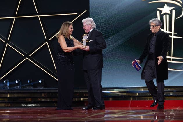 22nd Marrakech International Film Festival Opening Ceremony Hussein Fahmy receives the Tribute Award from Yousra attends the during the 22nd Marrakech International Film Festival Opening Ceremony on November 28, 2025 in Paris, France. Photo by Nasser Berzane ABACAPRESS.COM Paris France  Copyright: xBerzanexNasser ABACAx