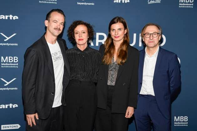 ABBberlin Jonas Dornbach, Maria Schrader Janine Jackowski and Bernhard Karl as guests on the red carpet at the festival opening AROUND THE WORLD IN 14 FILMS at Cinestar Kino in der Kulturbrauerei Berlin on 28 11 2025 Berlin Germany