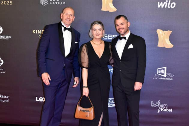 ABBdortmund author and coach Martin Limbeck left, with companion on the red carpet at the Kinderlachen Gala 2025 in the Westfalenhalleon 29 11 2025 in Dortmund NRW Germany