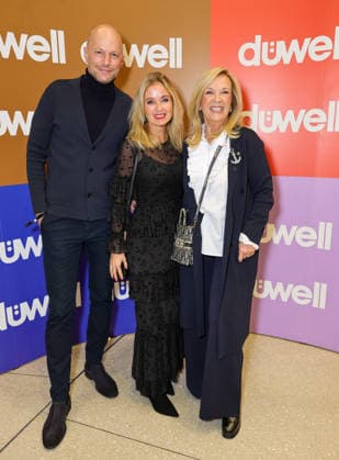 DÜWELL Public Opening Event L R Lingne Roset owner Oliver Roset with his wife Antoine Roset and designer Uta Raasch Düsseldorf DÜWELL NRW Germany