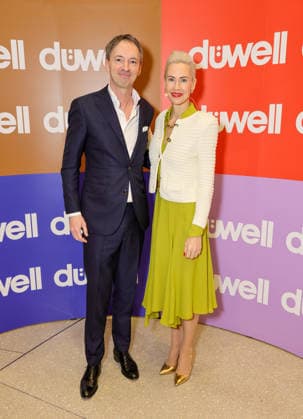 DÜWELL Public Opening Event Jeannine Halene , owner of the agency Rheinschurken moderated the evening here with the Managing Director of Rheinische Post Mediengruppe Matthias Körner Düsseldorf DÜWELL NRW Germany