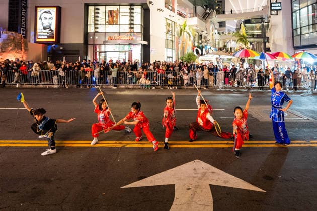 HOLLYWOOD, CALIFORNIA - NOVEMBER 30: Chinese martial arts performance is staged during the 93rd Annual Hollywood Christmas Parade on November 30, 2025 in Hollywood, California.  Copyright: xVCGx 111606900234