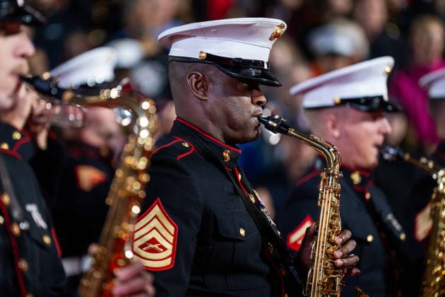 HOLLYWOOD, CALIFORNIA - NOVEMBER 30: Military band performs during the 93rd Annual Hollywood Christmas Parade on November 30, 2025 in Hollywood, California.  Copyright: xVCGx 111606900223