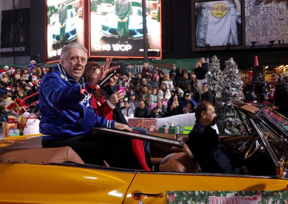 Rick Monday and Barbaralee Monday cruise down Hollywood Blvd. during The 93rd Annual Hollywood Christmas Parade With Grand Marshal Luke Wilson In Support of Marine Toys for Tots in Los Angeles on Sunday, November 30, 2025.  LAP20251130784 GERGxGRUDT