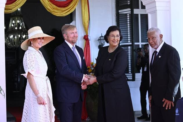 Dutch Royals Visit Suriname - Day 1 King Willem-Alexander and Queen Máxima are paying a state visit to the Republic of Suriname at the invitation of President Jennifer Geerlings-Simons. December 1, 2025. President Simons and her husband will welcome the Royal Couple at the Presidential Palace with an official welcome ceremony, followed by a private chat. Photo by NLBeeld Patrick van Emst Bruno Press ABACAPRESS.COM  Copyright: xBrunoxPress ABACAx