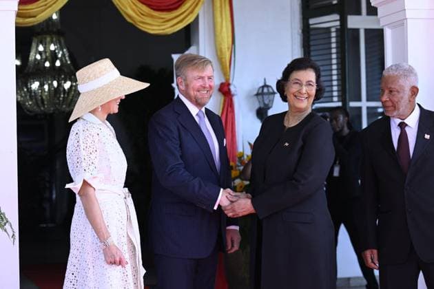 Dutch Royals Visit Suriname - Day 1 King Willem-Alexander and Queen Máxima are paying a state visit to the Republic of Suriname at the invitation of President Jennifer Geerlings-Simons. December 1, 2025. President Simons and her husband will welcome the Royal Couple at the Presidential Palace with an official welcome ceremony, followed by a private chat. Photo by NLBeeld Patrick van Emst Bruno Press ABACAPRESS.COM  Copyright: xBrunoxPress ABACAx