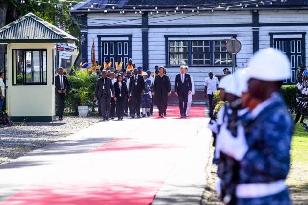 Dutch Royals Visit Suriname - Day 1 King Willem-Alexander and Queen Máxima are paying a state visit to the Republic of Suriname at the invitation of President Jennifer Geerlings-Simons. December 1, 2025. President Simons and her husband will welcome the Royal Couple at the Presidential Palace with an official welcome ceremony, followed by a private chat. Photo by NLBeeld Patrick van Emst Bruno Press ABACAPRESS.COM  Copyright: xBrunoxPress ABACAx