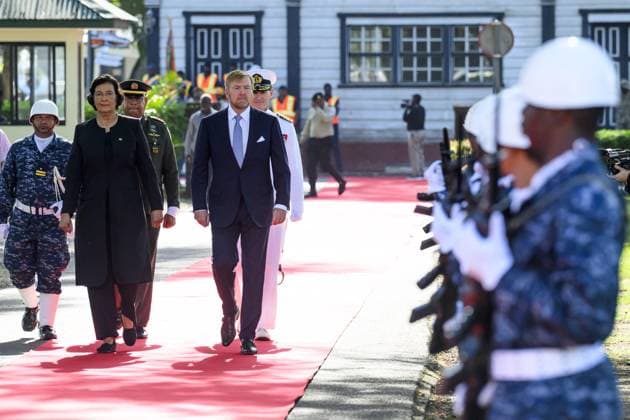Dutch Royals Visit Suriname - Day 1 King Willem-Alexander and Queen Máxima are paying a state visit to the Republic of Suriname at the invitation of President Jennifer Geerlings-Simons. December 1, 2025. President Simons and her husband will welcome the Royal Couple at the Presidential Palace with an official welcome ceremony, followed by a private chat. Photo by NLBeeld Patrick van Emst Bruno Press ABACAPRESS.COM  Copyright: xBrunoxPress ABACAx