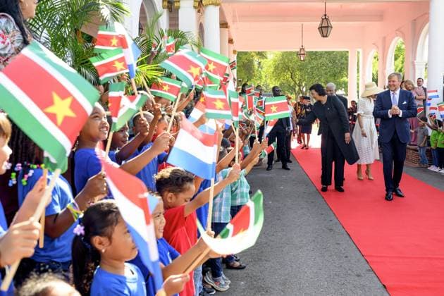Paramaribo, The Netherlands, 2025-12-01 09:15:00 PARAMARIBO, December 1, 2025, Presidential Palace. King Willem-Alexander and Queen Maxima are paying a state visit to the Republic of Suriname at the invitation of President Jennifer Geerlings-Simons. President Simons and her husband will welcome the Royal Couple at the Presidential Palace with an official welcome ceremony, followed by a private chat. PHOTO: NLBeeld Patrick van Emst Credit: NL Beeld Patrick van Emst  Copyright: xx x