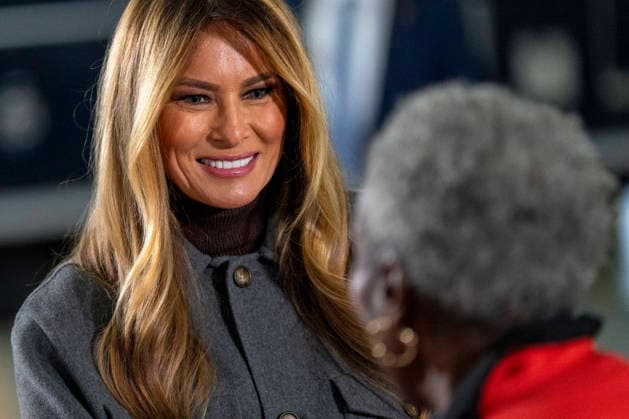First Lady Melania Trump(C), creates care packages for deployed Service members with volunteers with the American Red Cross, U.S. Government Cabinet spouses, military spouses an Second Lady Usha Vance at Joint Base Andrews in Prince Georges County, Maryland on Monday, December 1, 2025.  WAP20251201346 BONNIExCASH