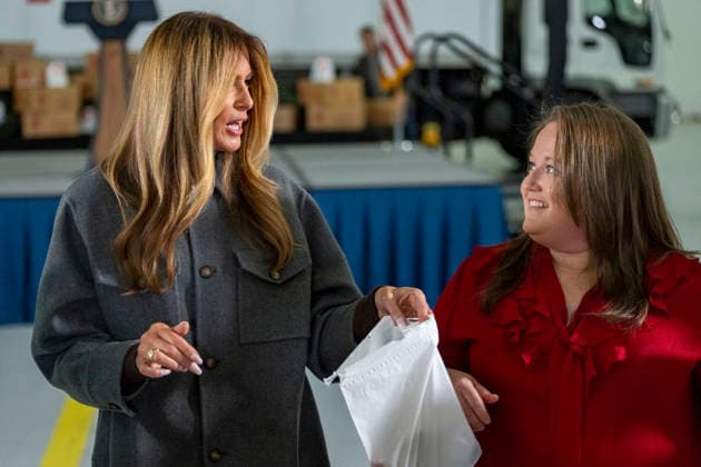 First Lady Melania Trump(C), creates care packages for deployed Service members with volunteers with the American Red Cross, U.S. Government Cabinet spouses, military spouses an Second Lady Usha Vance at Joint Base Andrews in Prince Georges County, Maryland on Monday, December 1, 2025.  WAP20251201348 BONNIExCASH