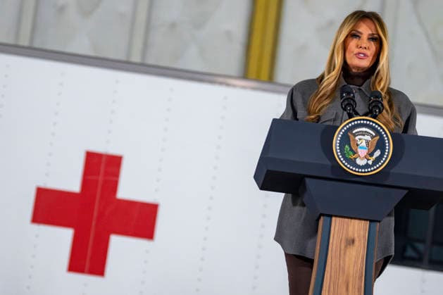 First Lady Melania Trump speaks before creating care packages for deployed Service members with Second Lady Usha Vance, the American Red Cross, U.S. Government Cabinet spouses and military spouses at Joint Base Andrews in Prince Georges County, Maryland on Monday, December 1, 2025.  WAP20251201341 BONNIExCASH