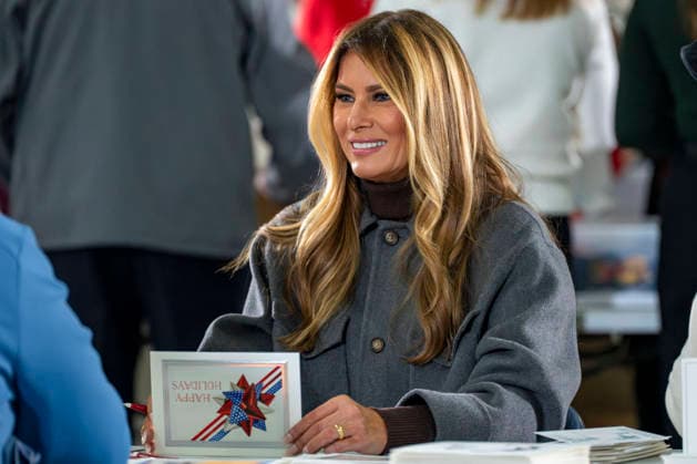 First Lady Melania Trump speaks with volunteers while creating care packages for deployed Service members with Second Lady Usha Vance, the American Red Cross, U.S. Government Cabinet spouses and military spouses at Joint Base Andrews in Prince Georges County, Maryland on Monday, December 1, 2025.  WAP20251201352 BONNIExCASH
