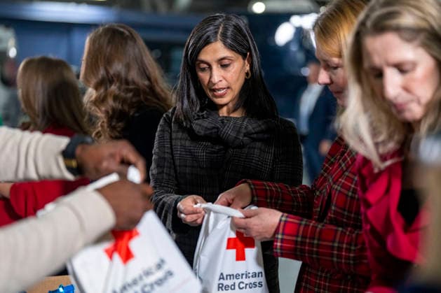 Second Lady Usha Vance (C), creates care packages for deployed Service members with volunteers with the American Red Cross, U.S. Government Cabinet spouses, military spouses an First Lady Melania Trump at Joint Base Andrews in Prince Georges County, Maryland on Monday, December 1, 2025.  WAP20251201344 BONNIExCASH