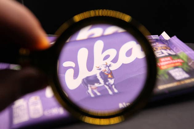 Three Milka brand chocolate bars lie on a slate A magnifying glass points to the trademark of the chocolate variety, the light purple painted cow Schnelsen Hamburg