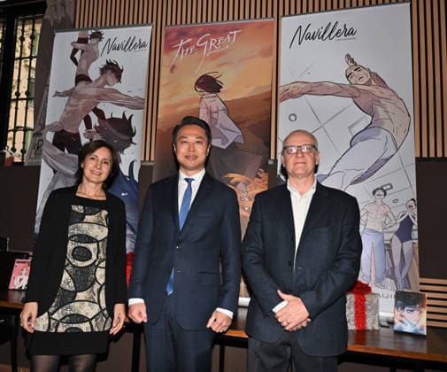 Milan, Italy ReNoir Comics Gaijin the publishing house of the Yellow Kid Award Best Comic 2025 at Lucca Comics and Games with institutional meeting and presentation of JIMMY Korean author In the photo: Giovanni Ferrario and Rosanna Brusco co-founders of Renoir Comics, Kim Tae Woo Vice Consul Consulate General of the Republic of Korea in Milan  Copyright: xNickxZonnax xipa-agency.netx xNickxZonnax IPA_Agency_IPA68608025