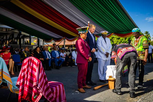 01-12-2025 Enslaved King Willem-Alexander and Queen Maxima visited the Court of Justice on the 1st day of the 3 day statevisit to Suriname. Surinamese President Jennifer Geerlings-Simons and her husband Glenn Geerlings Â  Copyright: xPPEx