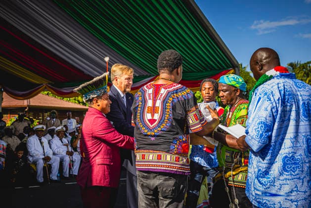 01-12-2025 Enslaved King Willem-Alexander and Queen Maxima visited the Court of Justice on the 1st day of the 3 day statevisit to Suriname. Surinamese President Jennifer Geerlings-Simons and her husband Glenn Geerlings Â  Copyright: xPPEx