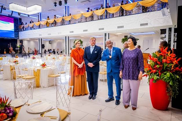 01-12-2025 Gala King Willem-Alexander and Queen Maxima and Surinamese President Jennifer Geerlings-Simons and her husband Glenn Geerlings during the statebanquet at the Prince Ballroom on the 1st day of the 3 day statevisit to Suriname. Â  Copyright: xPPEx