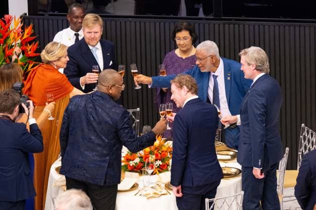 01-12-2025 Gala King Willem-Alexander and Queen Maxima and Surinamese President Jennifer Geerlings-Simons and her husband Glenn Geerlings during the statebanquet at the Prince Ballroom on the 1st day of the 3 day statevisit to Suriname. Â  Copyright: xPPEx