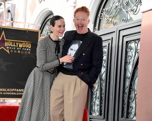 Actress Sarah Paulson (L) is joined by Jesse Tyler Ferguson during an unveiling ceremony honoring her with the 2,829th star on the Hollywood Walk of Fame in Los Angeles on Tuesday, December 2, 2025.  LAP20251202219 JIMxRUYMEN